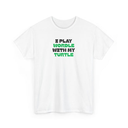 White t-shirt with text 'I Play Wordle With My Turtle' on a white background