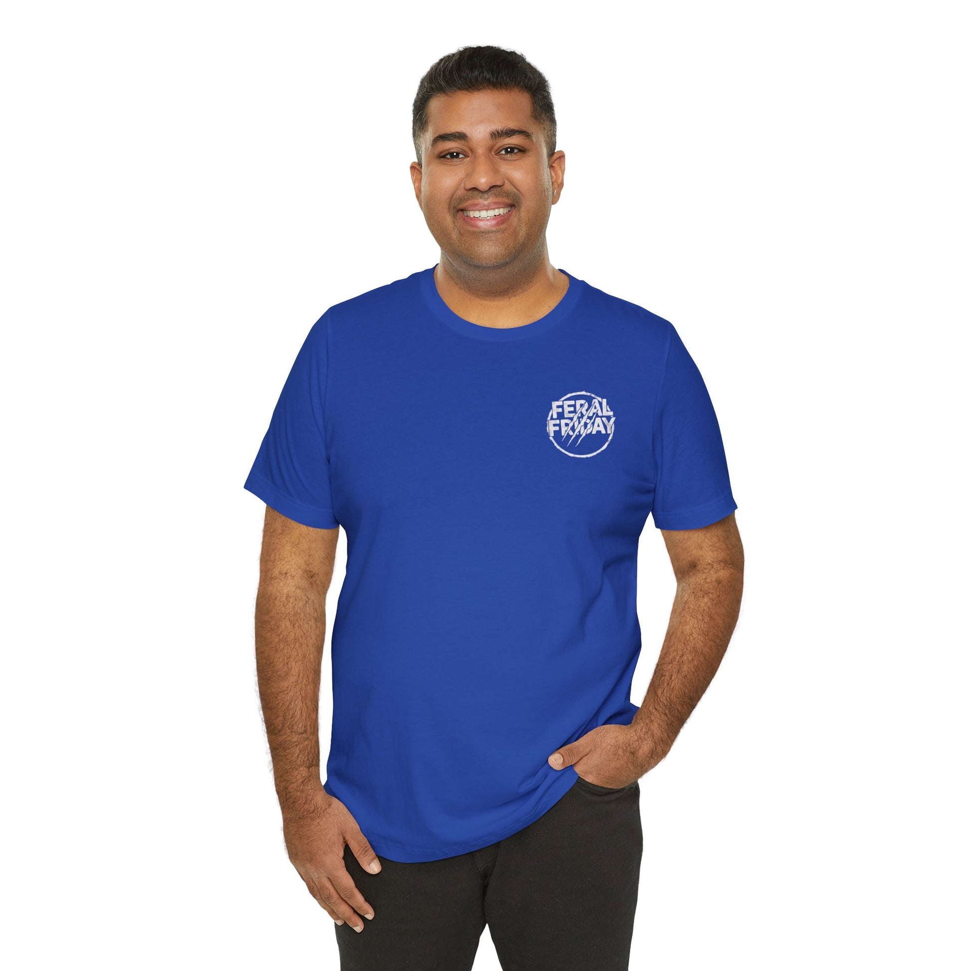 Man wearing a blue t-shirt with a 'Feral Friday' logo on a white background