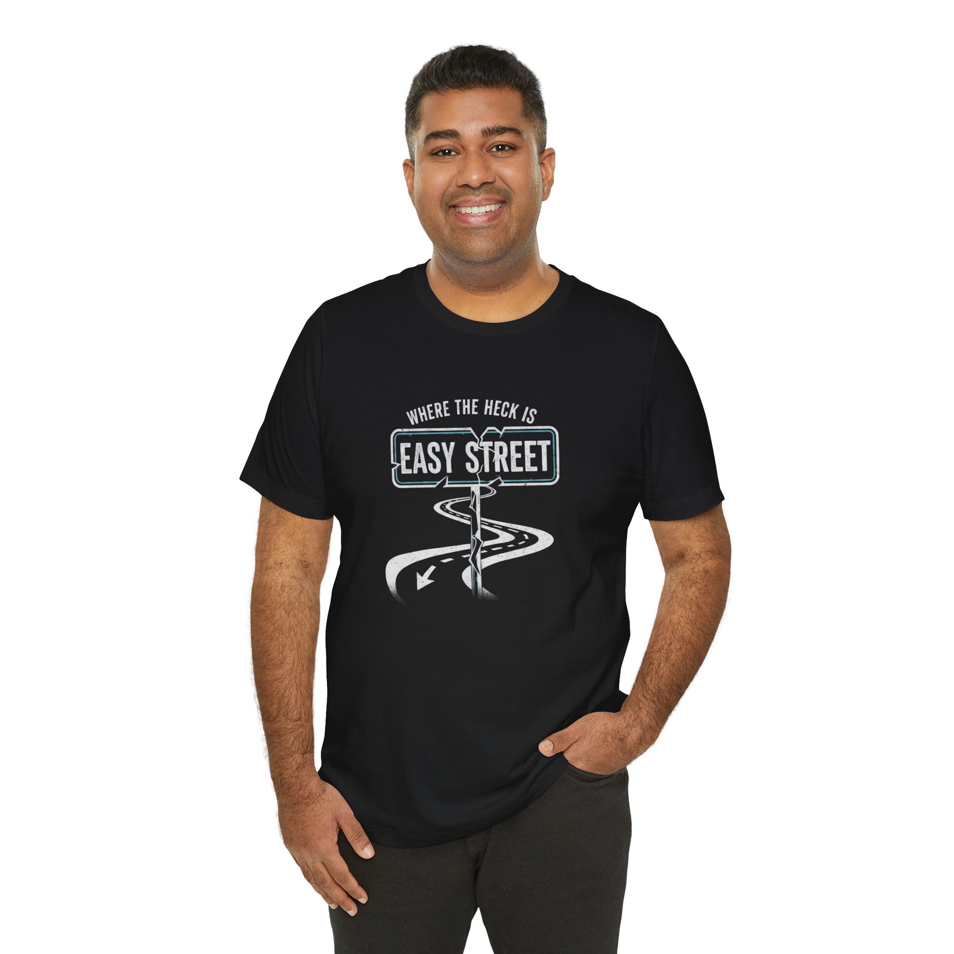 Man wearing a black t-shirt with a graphic design and text 'Where the heck is Easy Street' on a white background