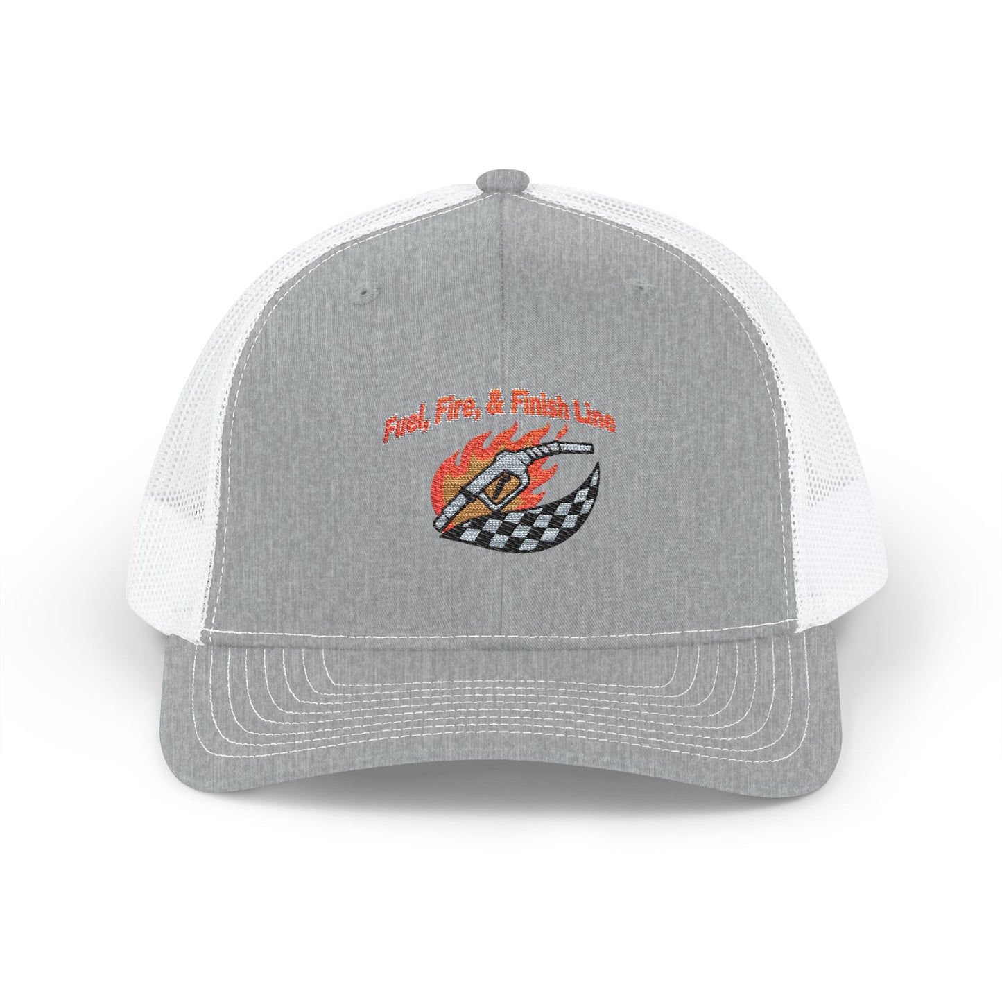 Gray and white cap with a fuel pump graphic and text 'Fuel, Fire & Finish Line' on a white background