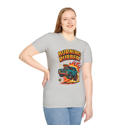 Person wearing a gray t-shirt with 'Burning Rubber!' graphic design on a white background