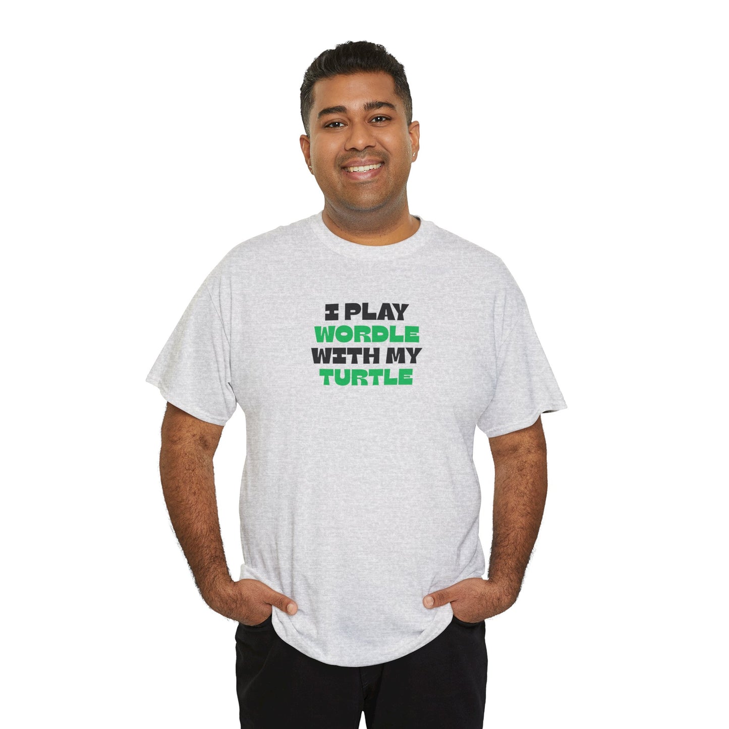 Man wearing a gray t-shirt with text 'I Play Wordle With My Turtle' on a white background