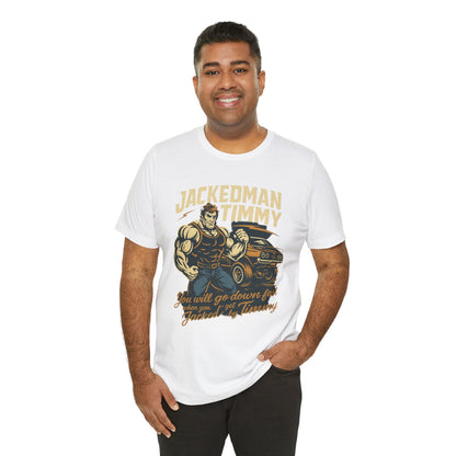 Man wearing a white t-shirt with graphic design and text on a white background