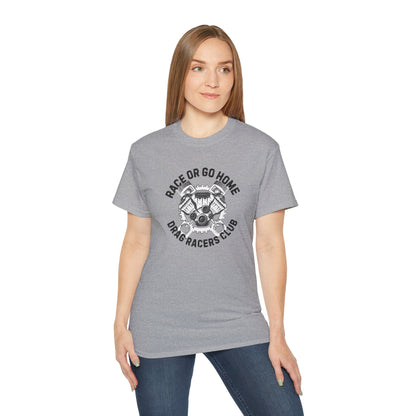 Woman wearing a gray t-shirt with a graphic design and text 'RACE OR GO HOME DRAG RACERS CLUB' on a white background