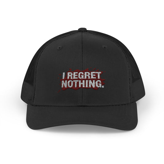 Black cap with 'I Regret Nothing' text on a white background