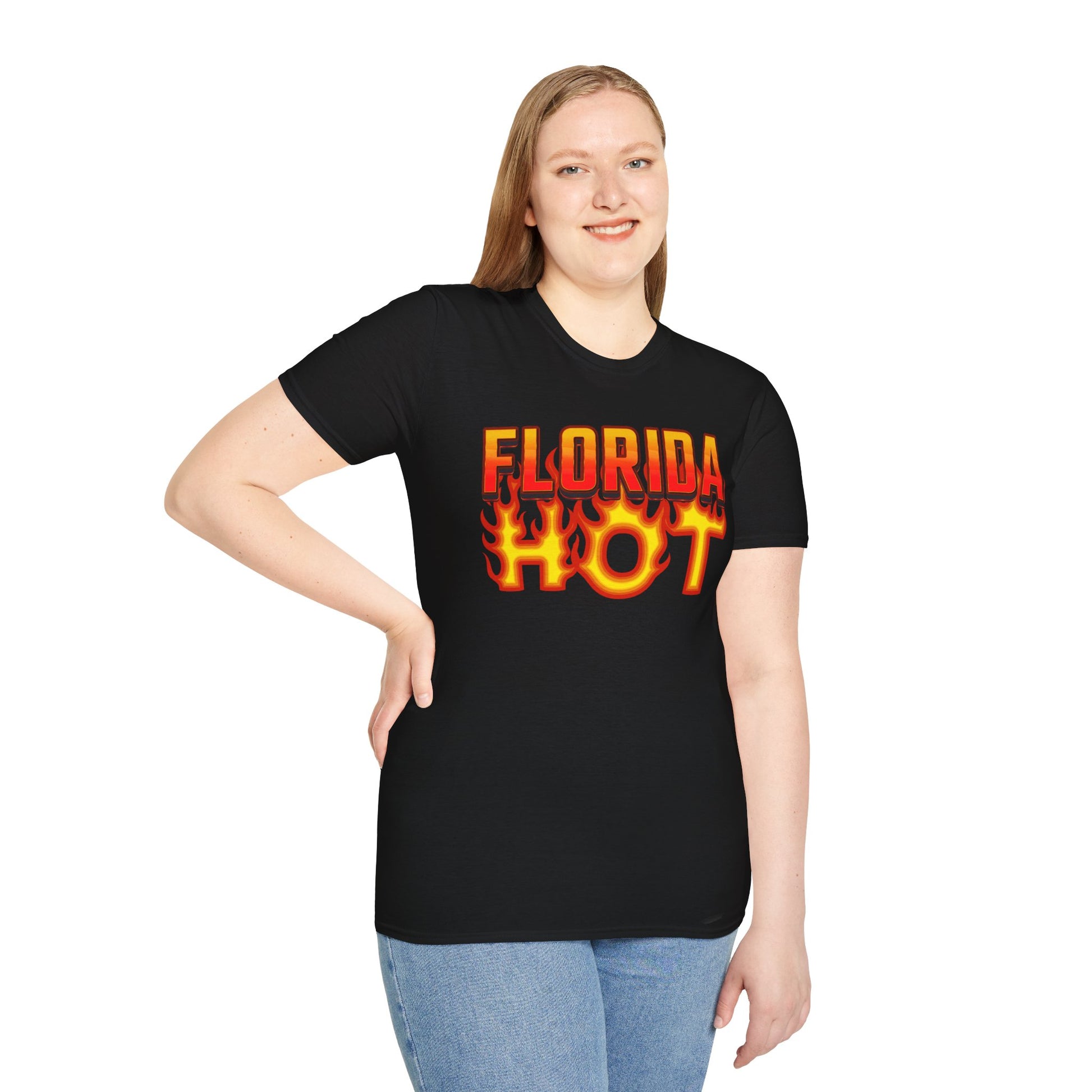 Person wearing a black t-shirt with 'Florida Hot' text on a white background