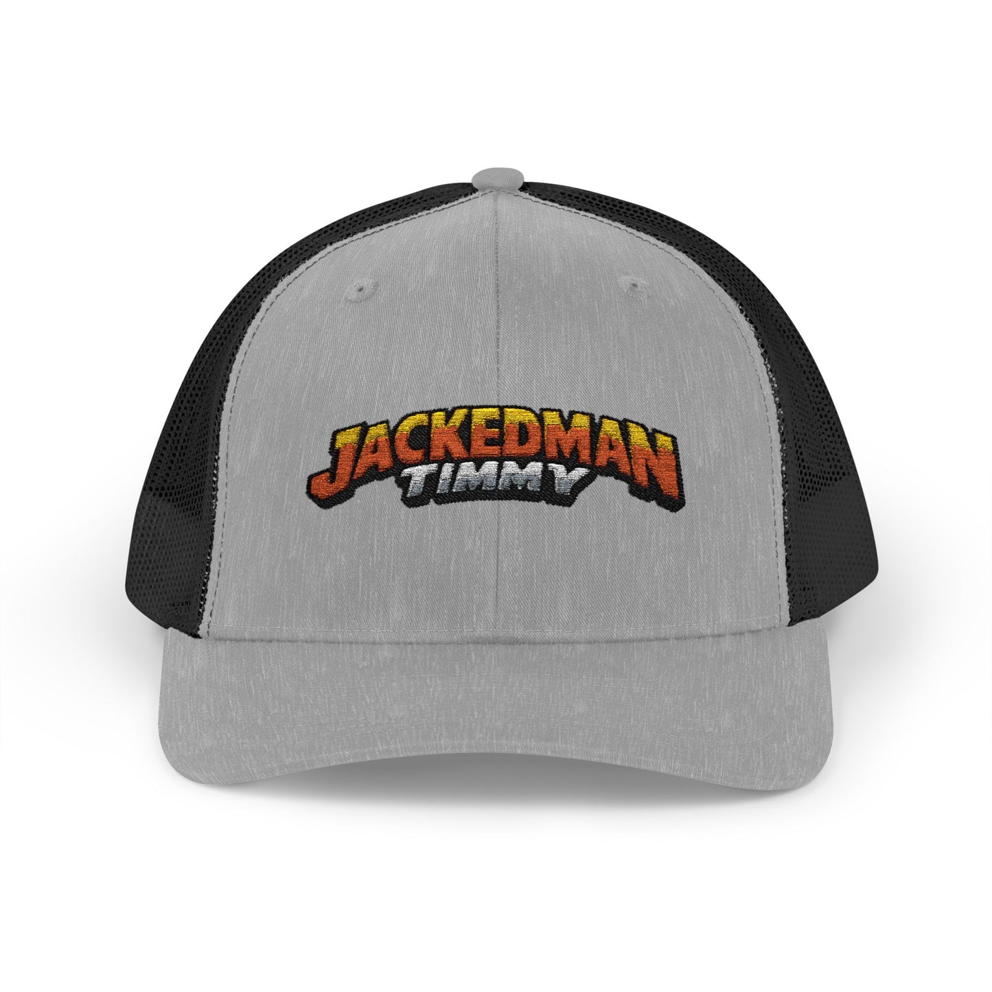 Gray and black trucker hat with 'JackedMan Timmy' logo on a white background