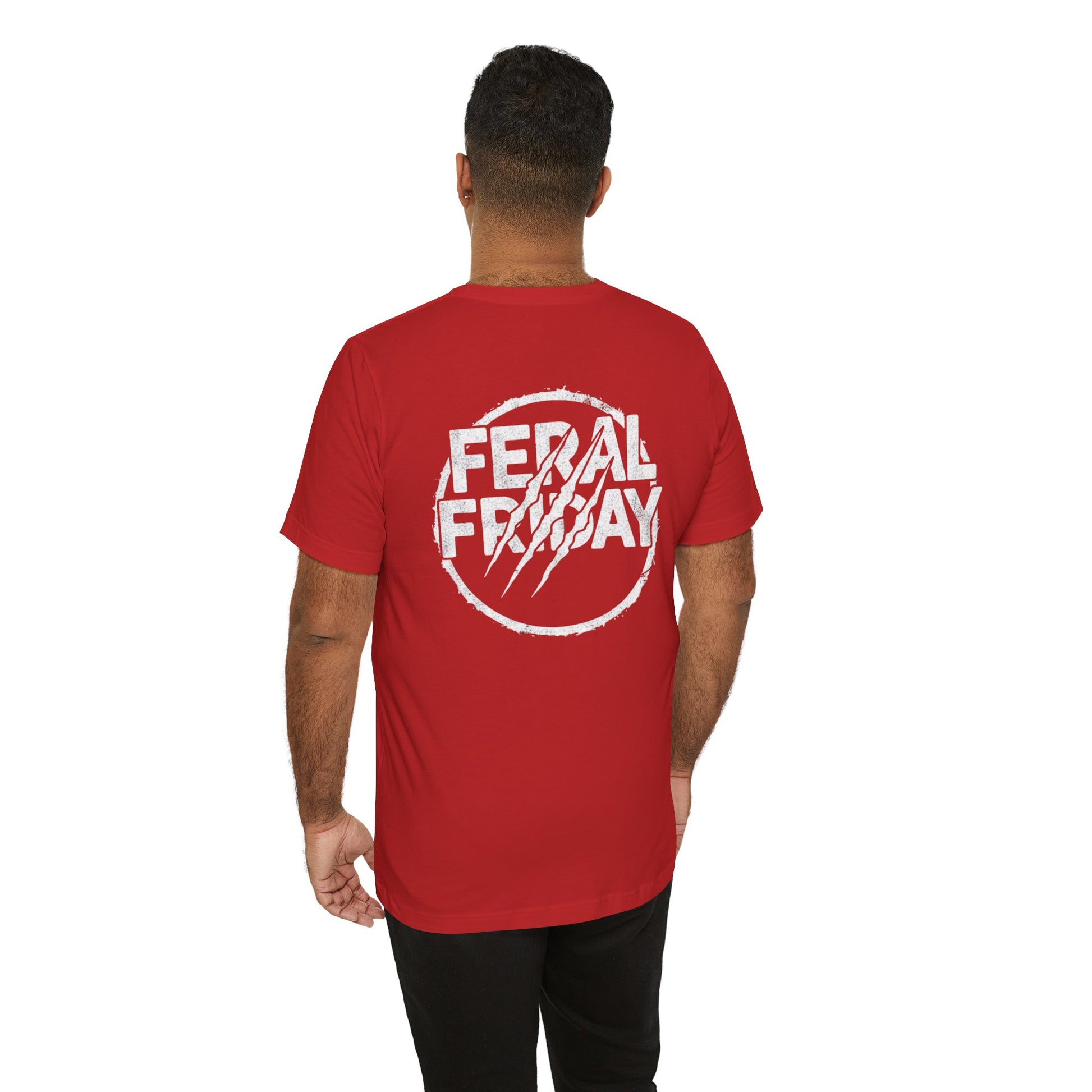 Person wearing a red t-shirt with 'Feral Friday' text on the back against a white background