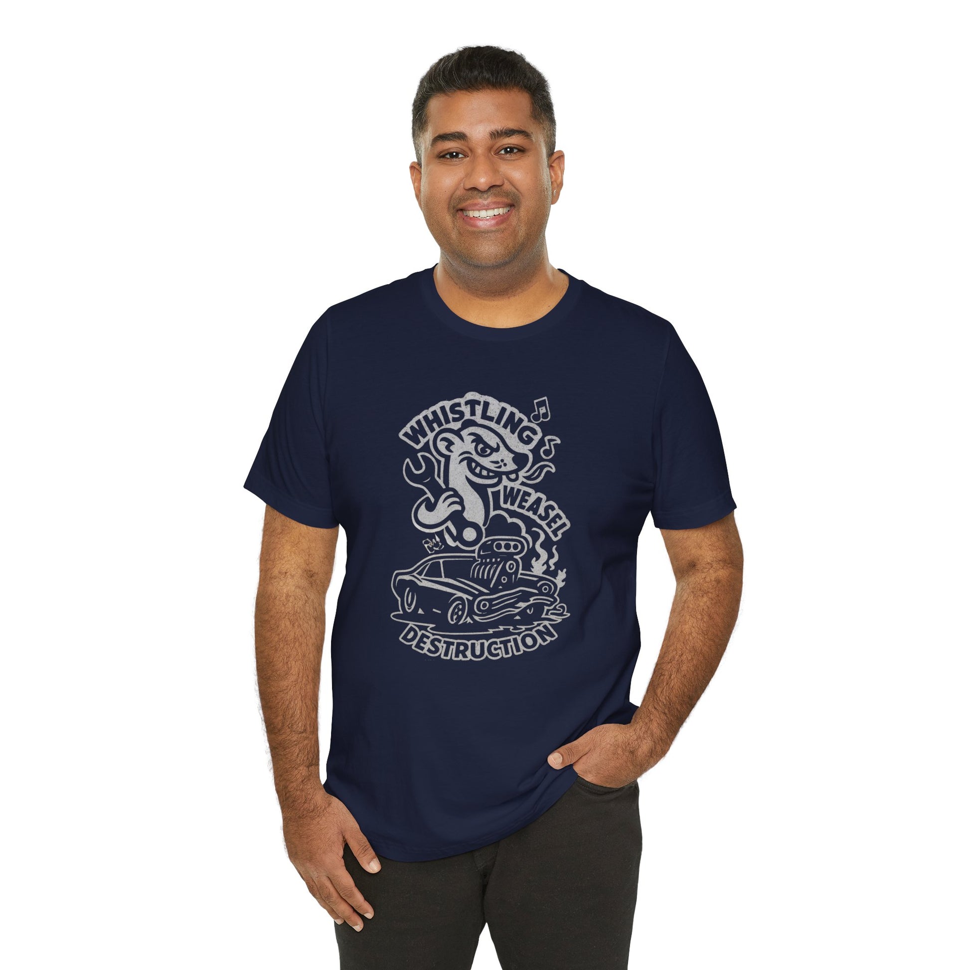 Man wearing a cartoon weasel holding a wrench behind a flame-spitting muscle car with “Whistling Weasel Destruction” text—funny navy drag racing t-shirt for motorsport fans.
