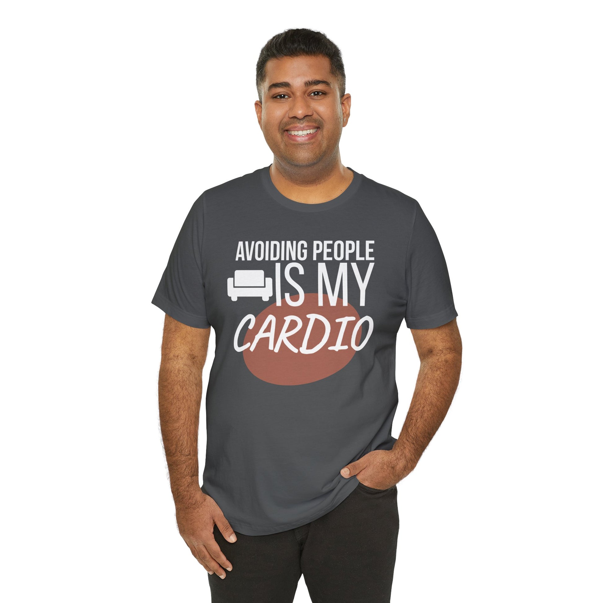 Man wearing a gray t-shirt with humorous text 'Avoiding People Is My Cardio' design on a white background