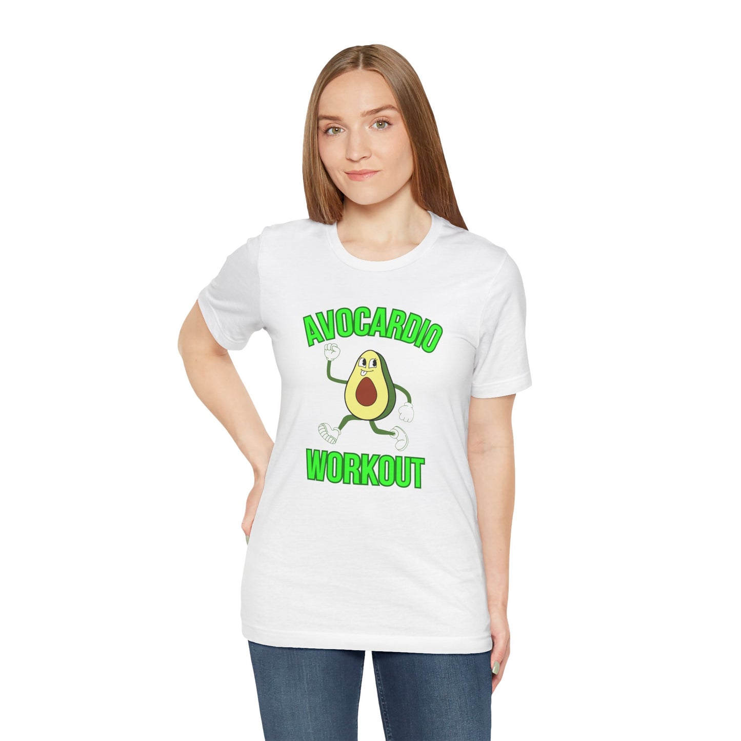 Person wearing a white t-shirt with an avocado graphic and text 'Avocardio workout' on a white background