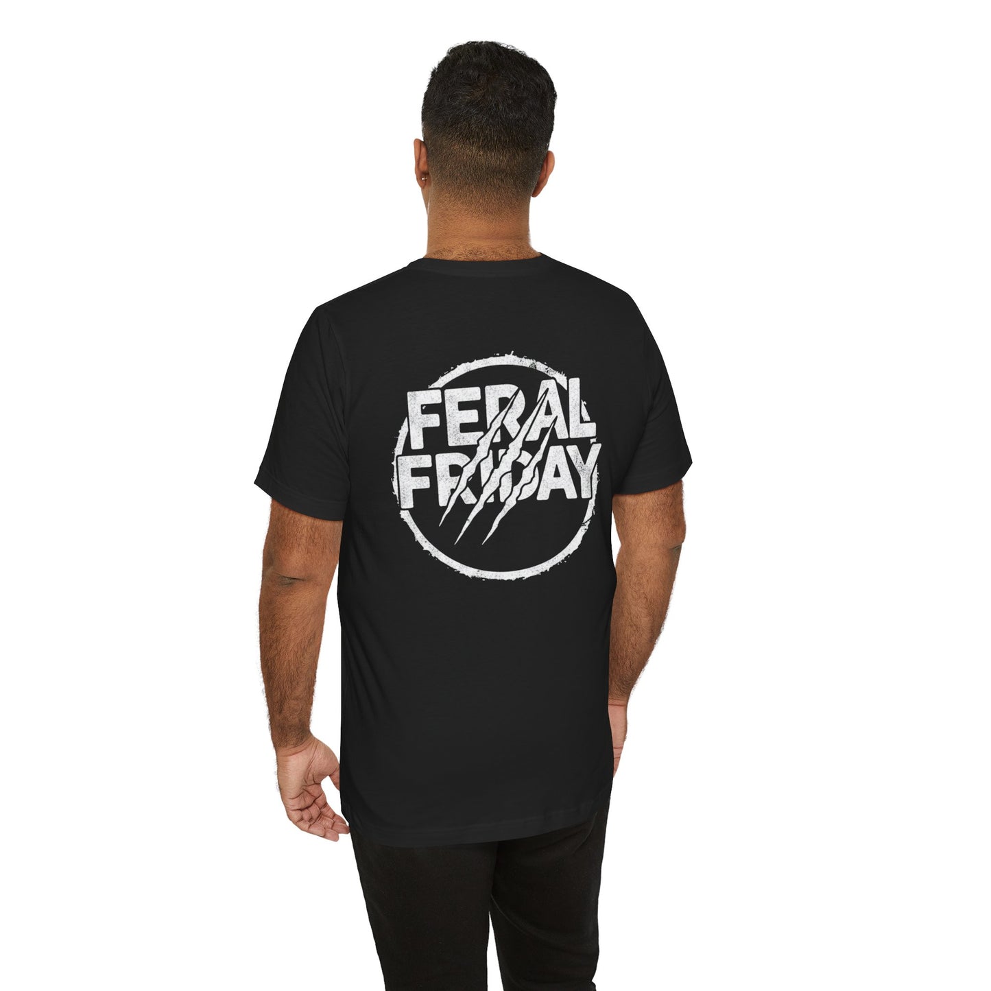 Person wearing a black t-shirt with 'Feral Friday' logo on the back, on a white background