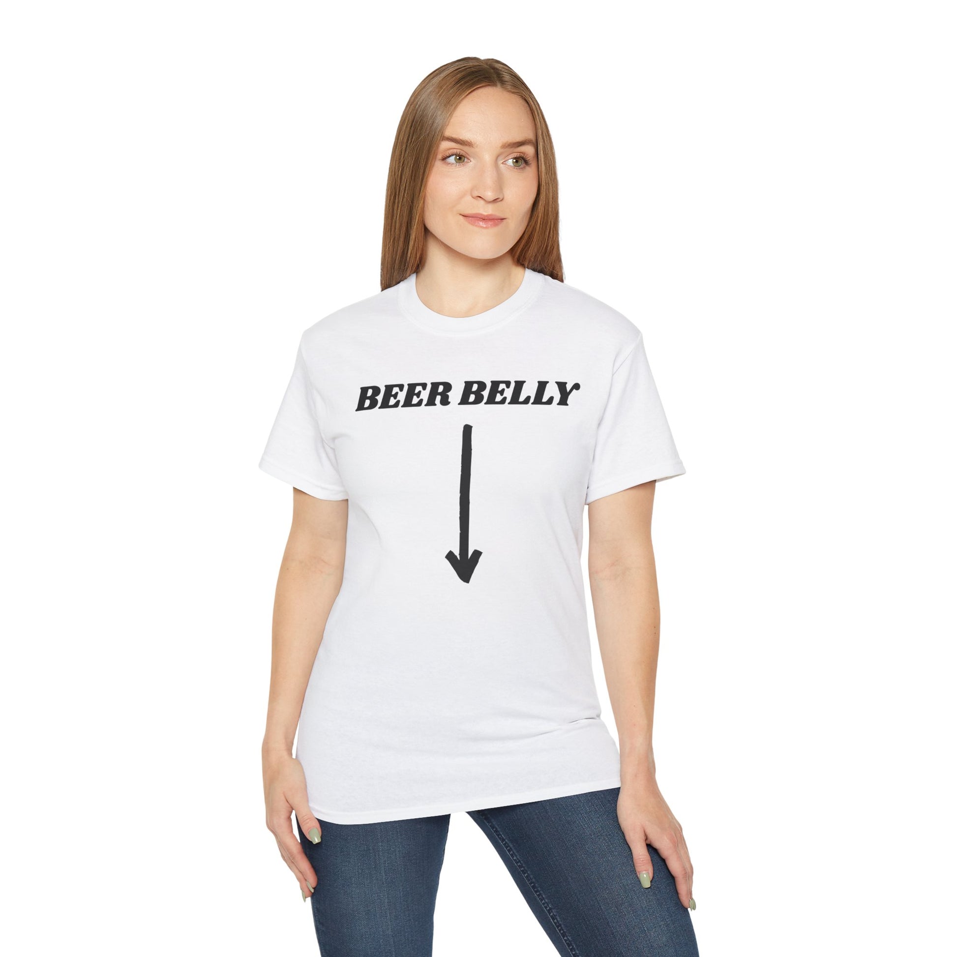 Person wearing a white t-shirt with 'BEER BELLY' text and an arrow graphic on a white background