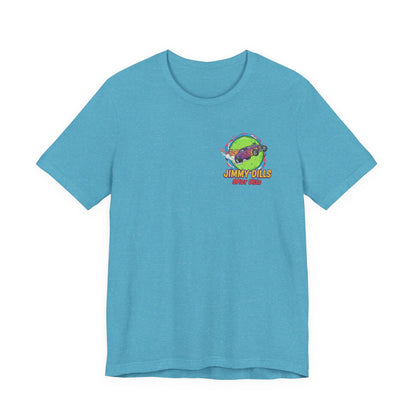 Blue t-shirt with a colorful graphic and 'Jimmy Dills Spicy Dills' text on a white background