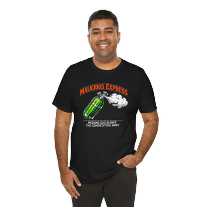 Man wearing a black t-shirt with a graphic design and 'Malicious Express Passing Gas Blows The Competition Away' text on a white background