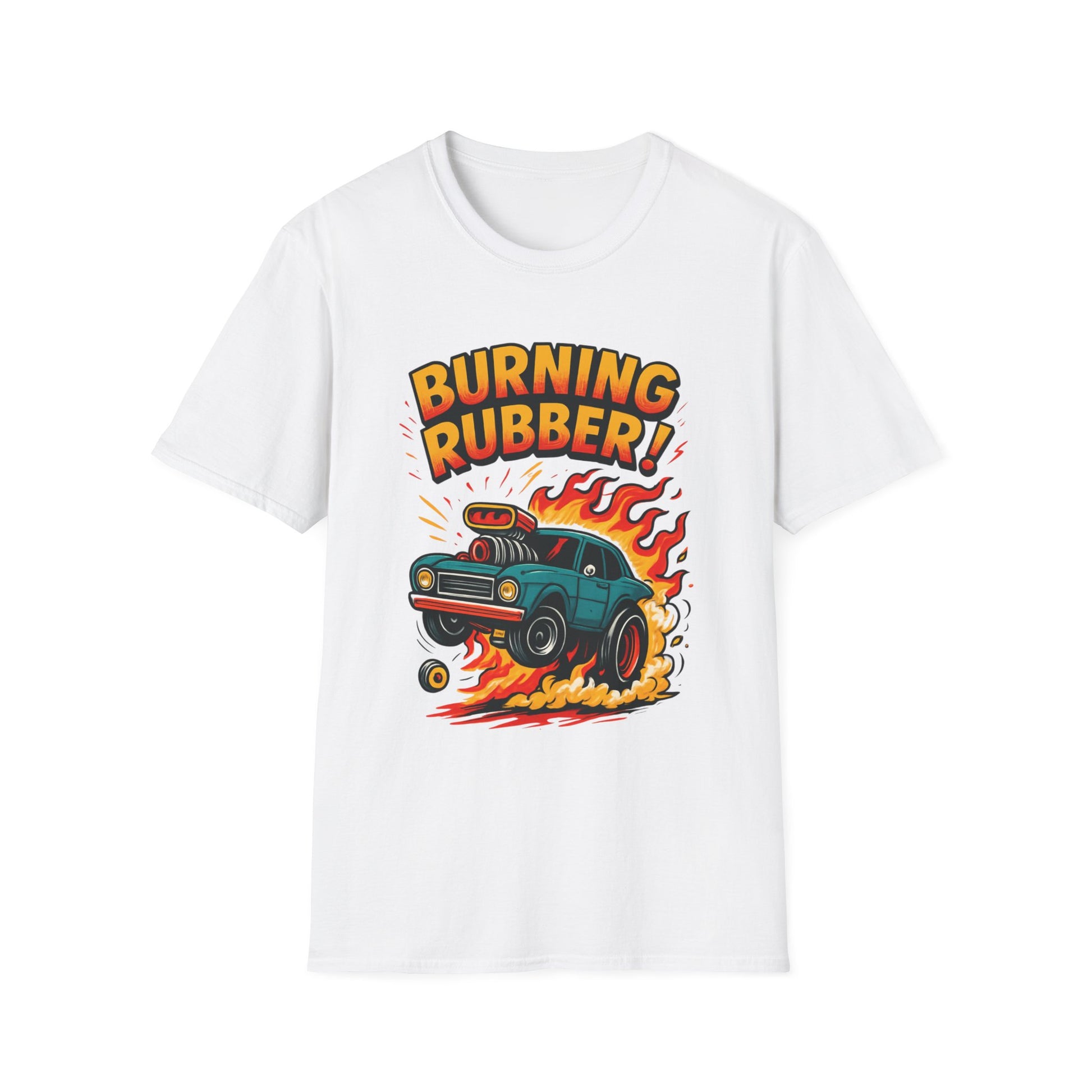 White t-shirt with a graphic of a car and 'Burning Rubber!' text on a white background