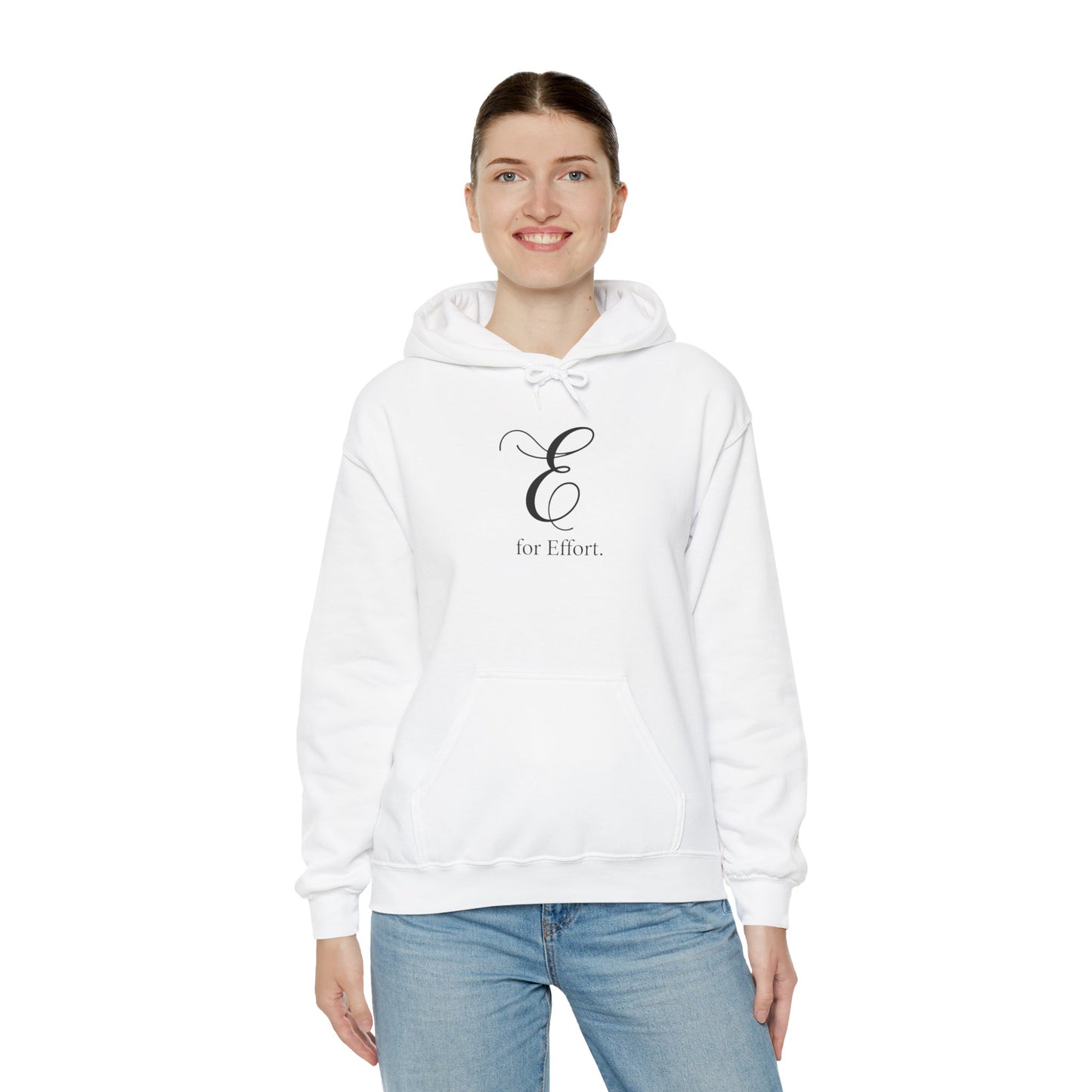 Person wearing a white hoodie with a logo and text 'E for Effort' on a white background