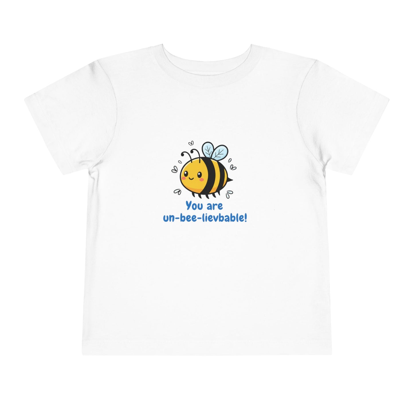 You Are Un-Bee-Lievable toddler t-shirt with cute bee graphic – Bella+Canvas 3001T in white, athletic heather, natural, and pink