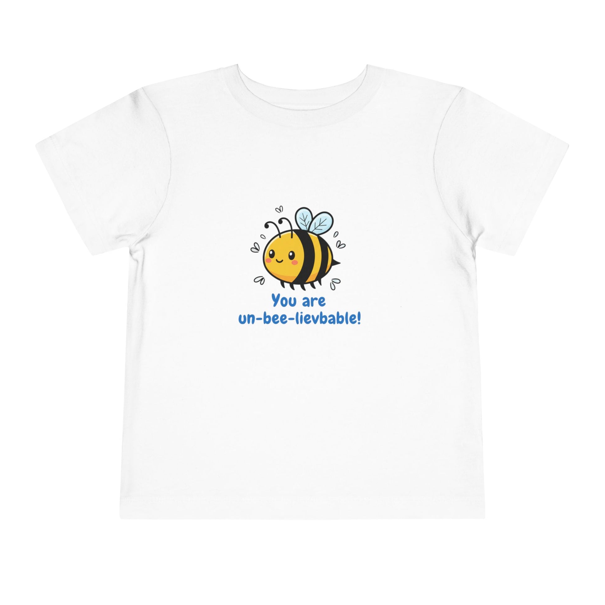You Are Un-Bee-Lievable toddler t-shirt with cute bee graphic – Bella+Canvas 3001T in white, athletic heather, natural, and pink