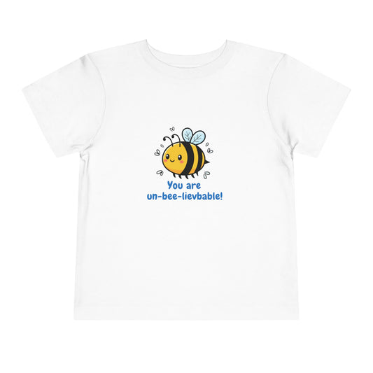 You Are Un-Bee-Lievable toddler t-shirt with cute bee graphic – Bella+Canvas 3001T in white, athletic heather, natural, and pink