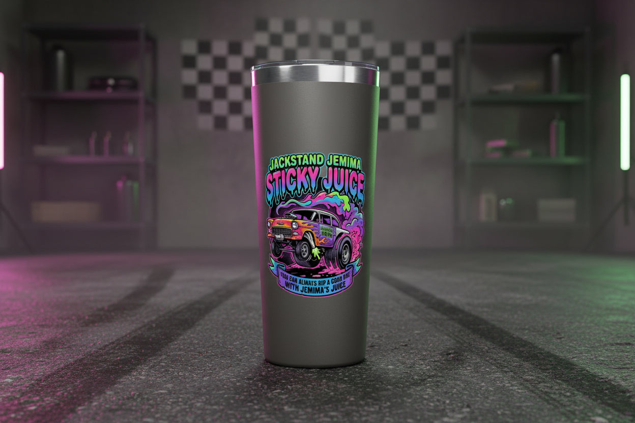 Gray 22 oz tumbler featuring a neon drag‑racing car doing a burnout with flames, oversized slicks, and the text ‘Jackstand Jemima Sticky Juice’ in bold retro colors.