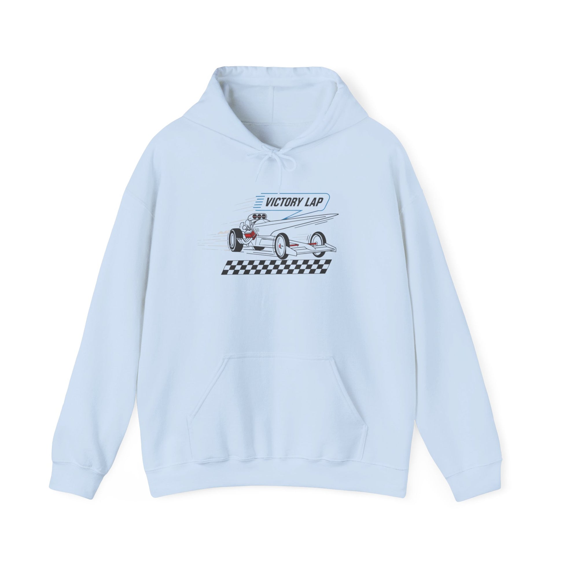 Light blue hoodie with a race car graphic and text 'VICTORY LAP' on a white background