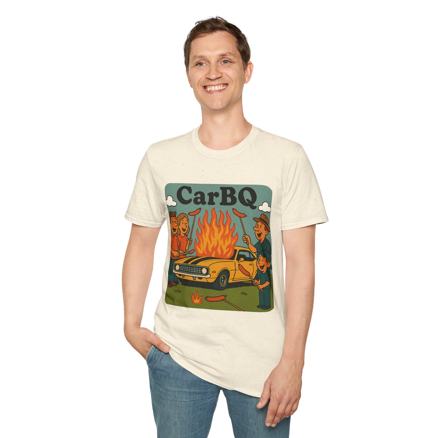 Person wearing a t-shirt with 'Car BBQ' graphic design on a white background