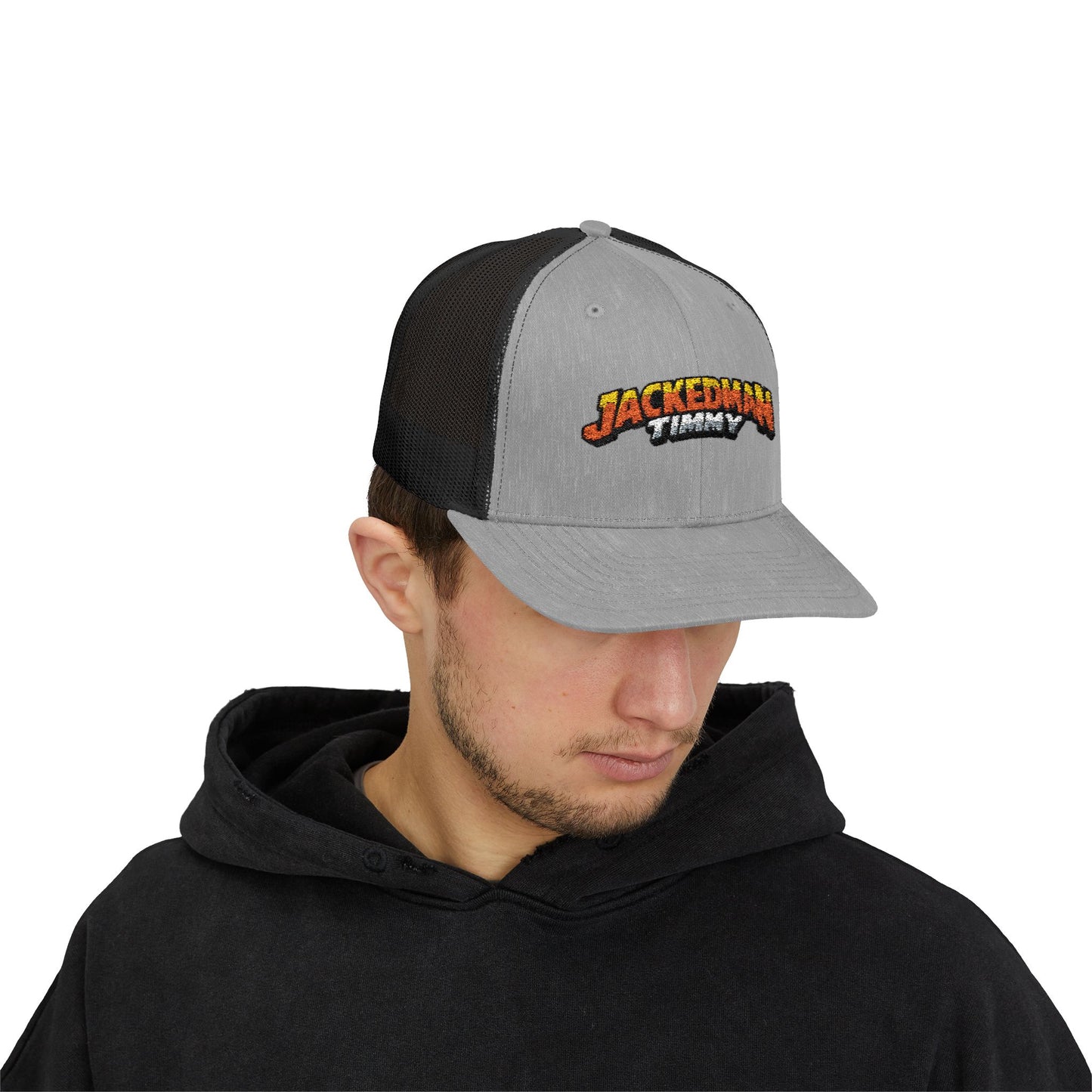 Person wearing a gray and black cap with 'Jackedman Timmy' logo on a white background