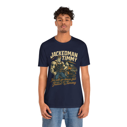 Man wearing a navy blue t-shirt with 'Jackedman Timmy' graphic design on a white background
