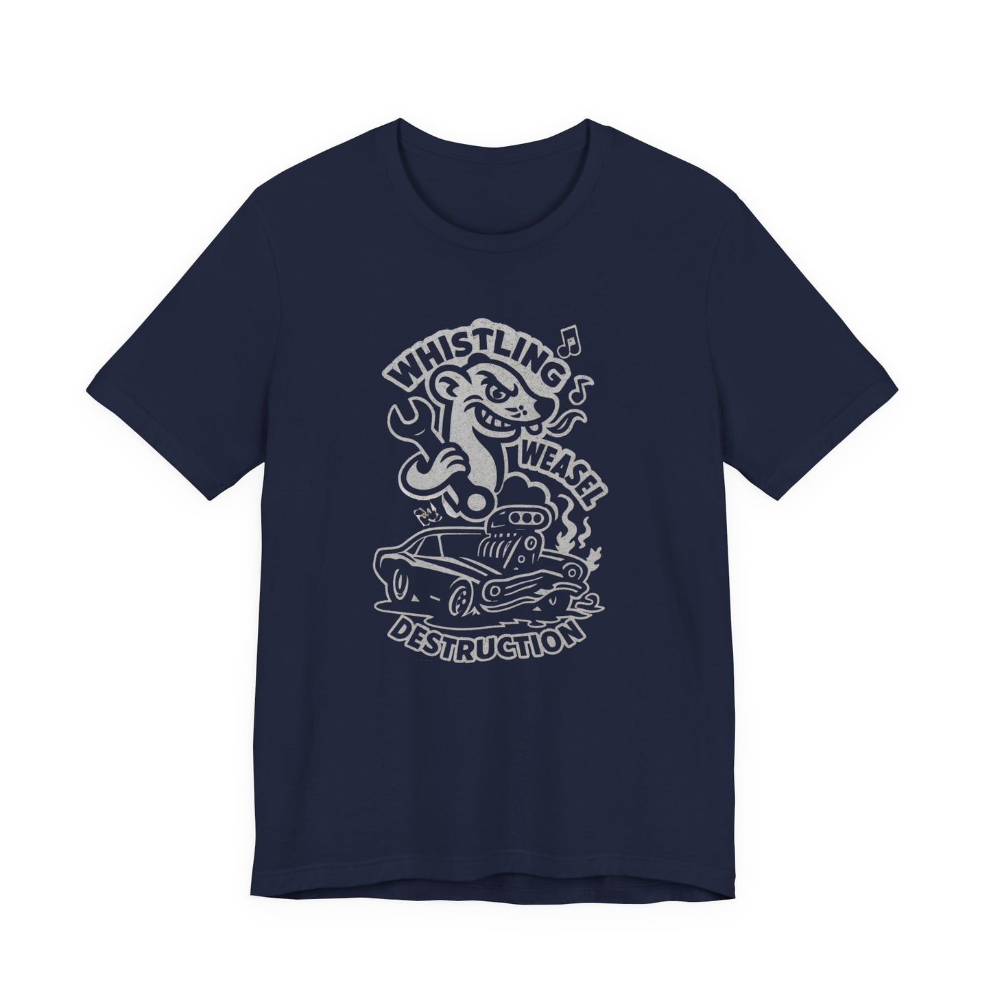 Cartoon weasel holding a wrench behind a flame-spitting muscle car with “Whistling Weasel Destruction” text—funny navy drag racing t-shirt for motorsport fans.