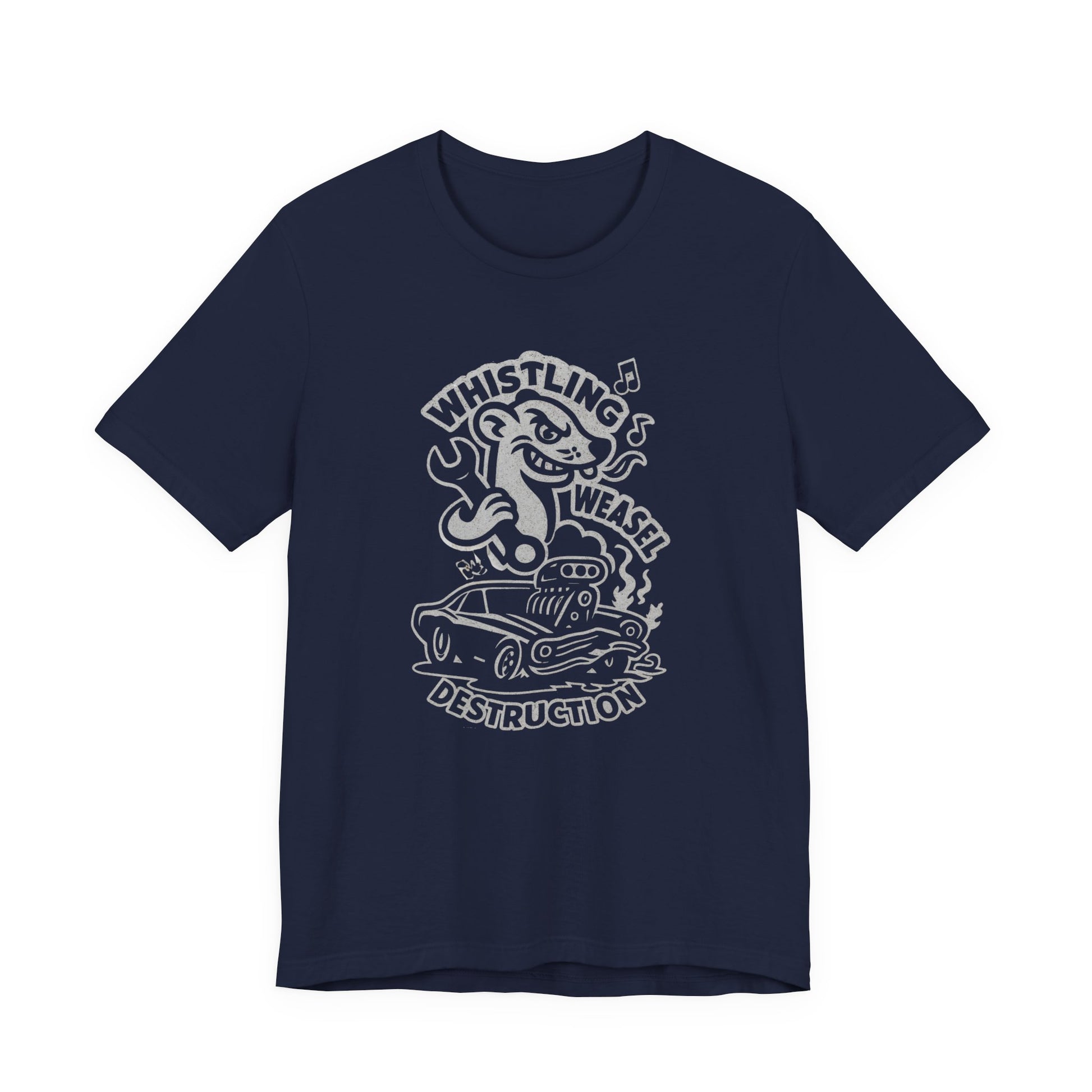 Cartoon weasel holding a wrench behind a flame-spitting muscle car with “Whistling Weasel Destruction” text—funny navy drag racing t-shirt for motorsport fans.