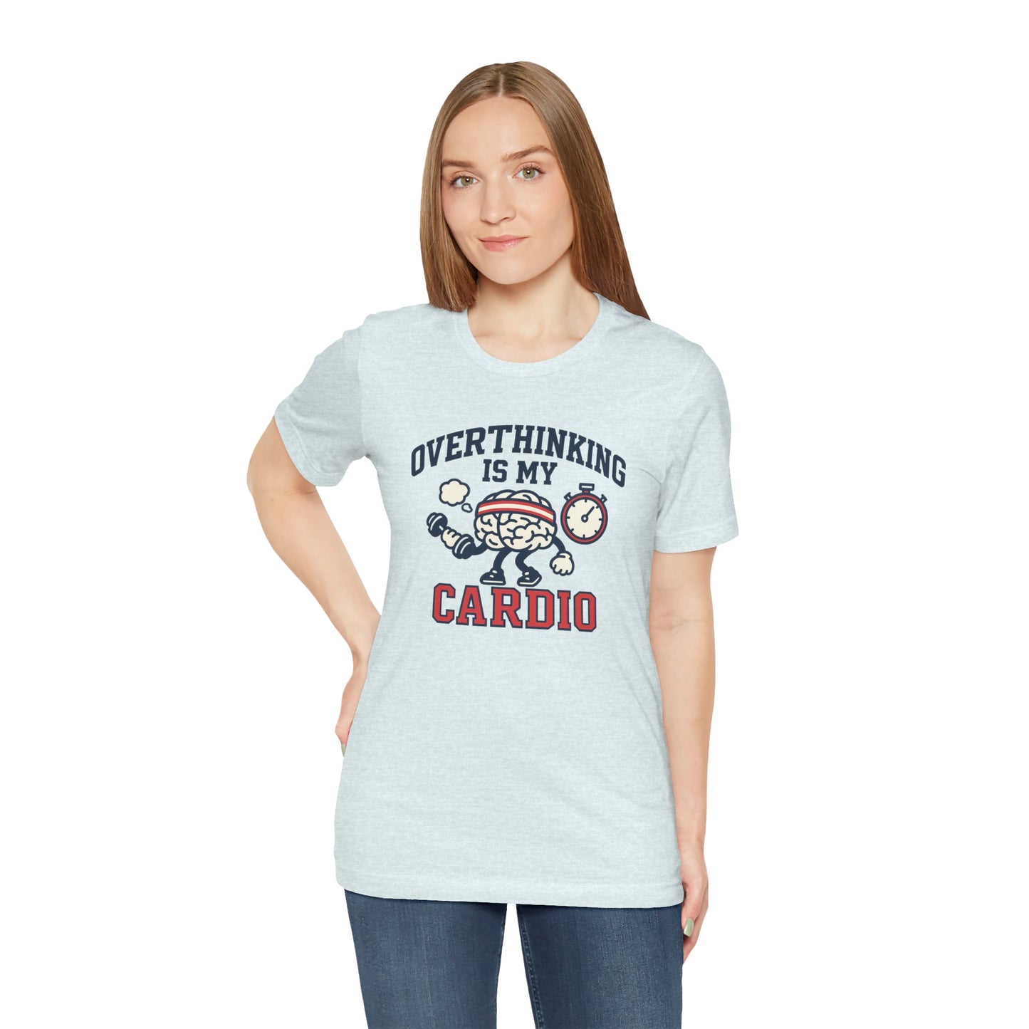 Woman wearing a light blue t-shirt with 'Overthinking is my Cardio' text and graphics on a white background