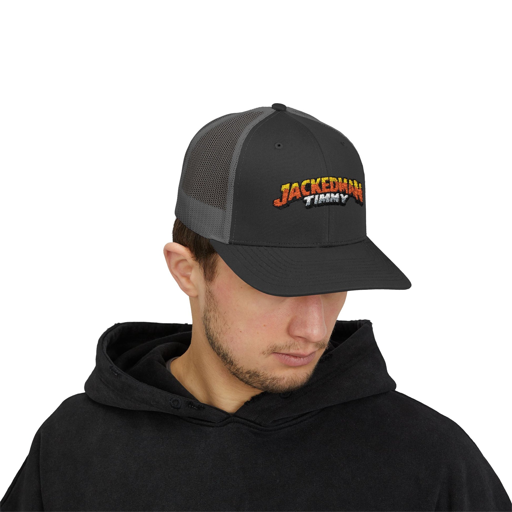 Person wearing a black and gray cap with 'Jackedman Timmy' branding on a white background