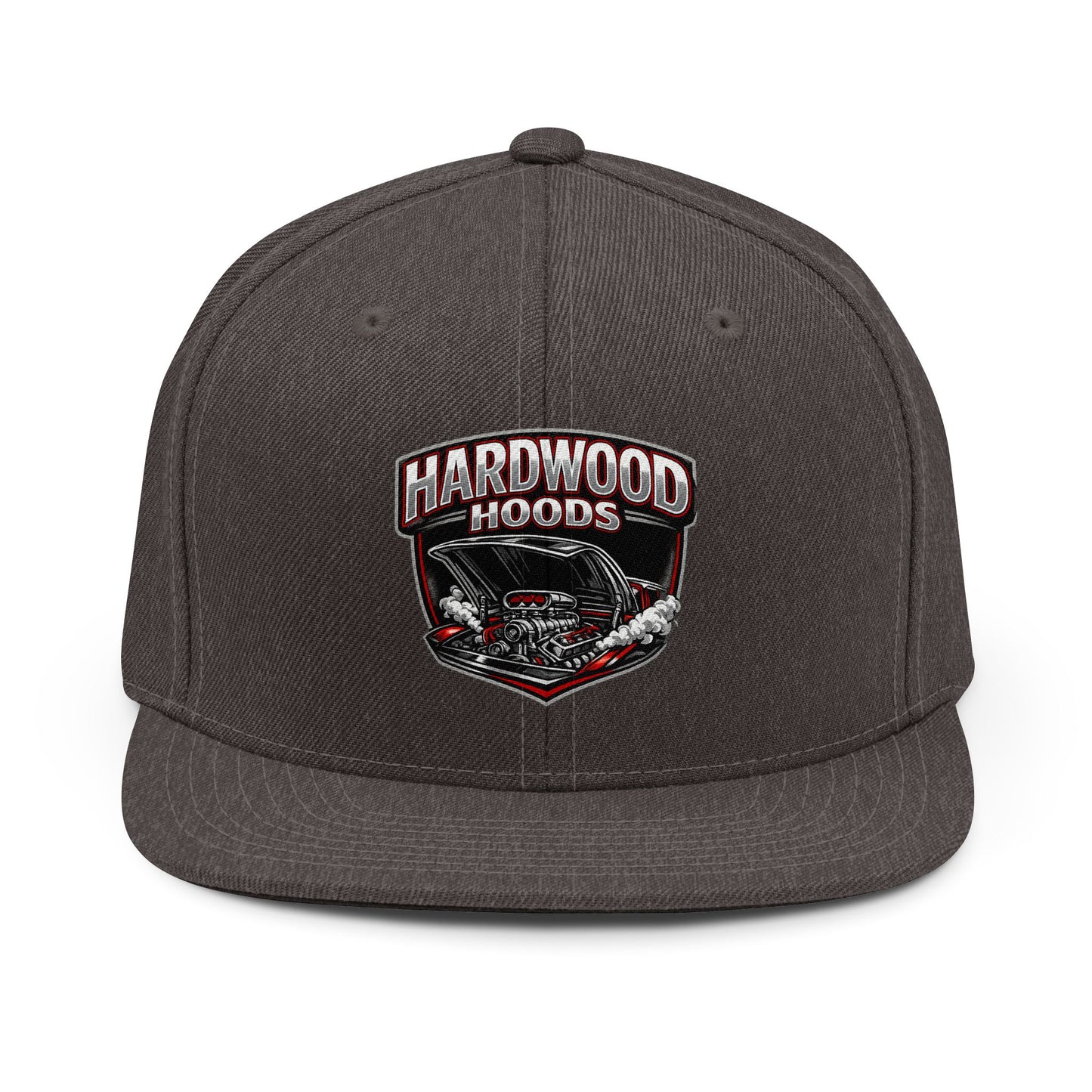 Dark gray cap with 'Hardwood Hoods' logo on a white background