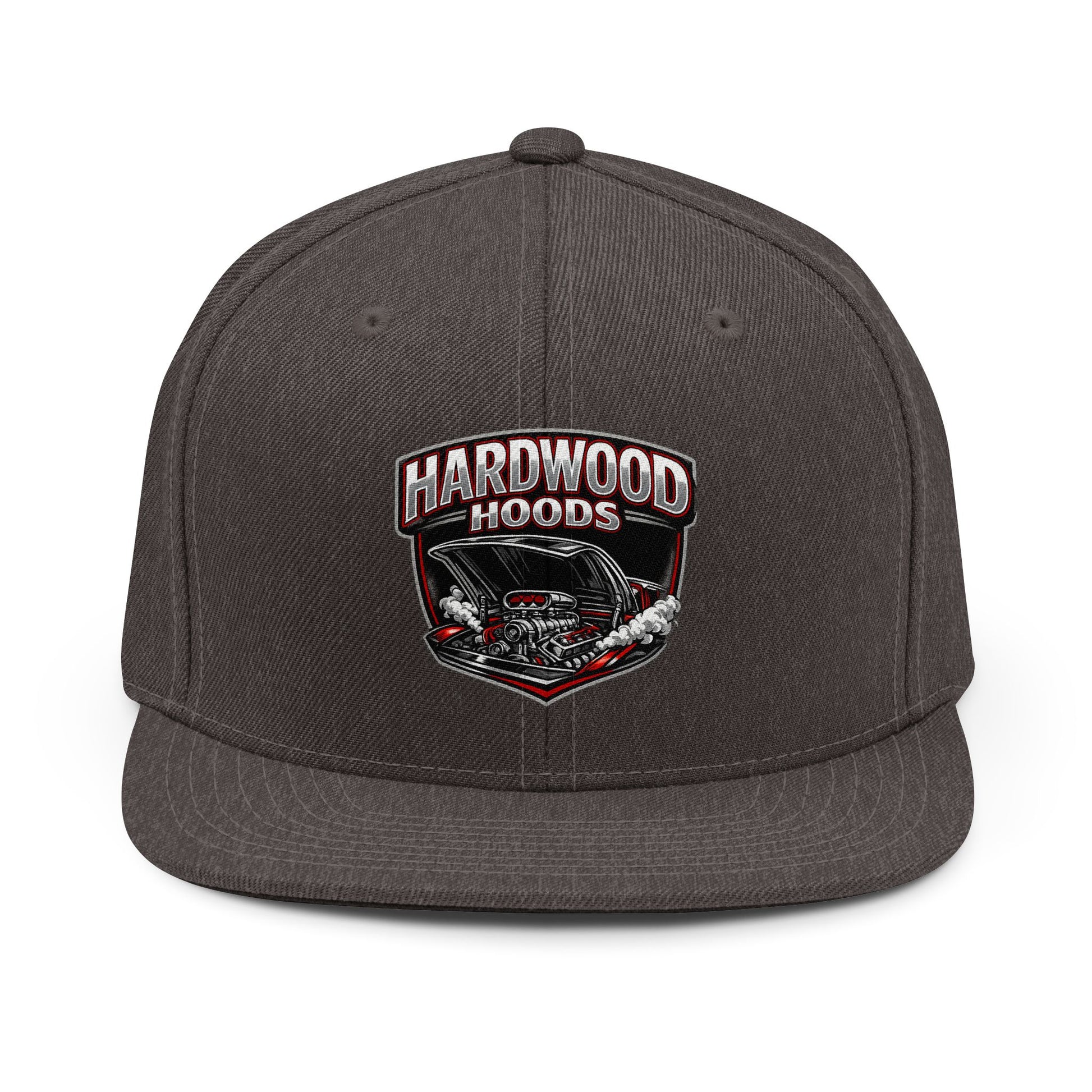 Dark gray cap with 'Hardwood Hoods' logo on a white background