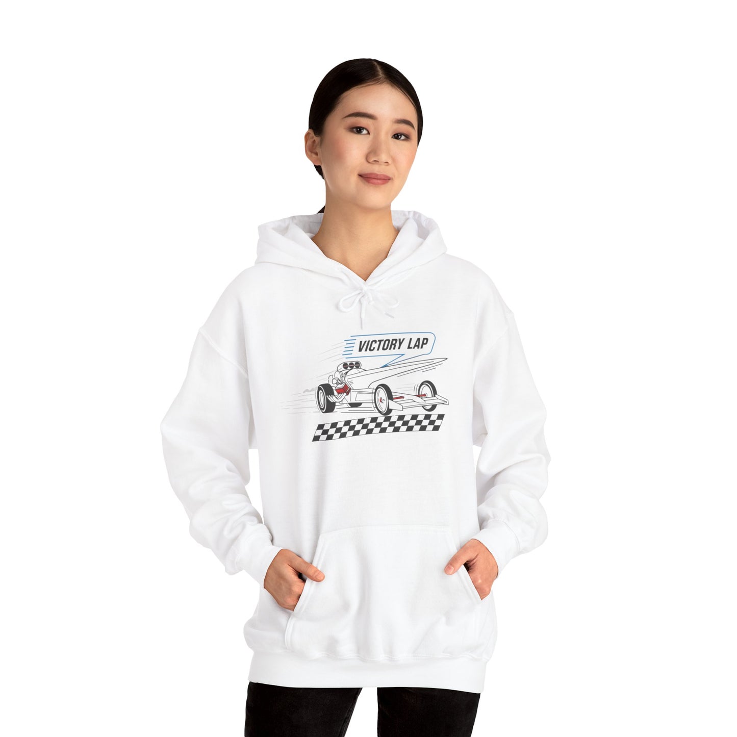 Person wearing a white hoodie with a race car design and text 'VICTORY LAP' on a white background