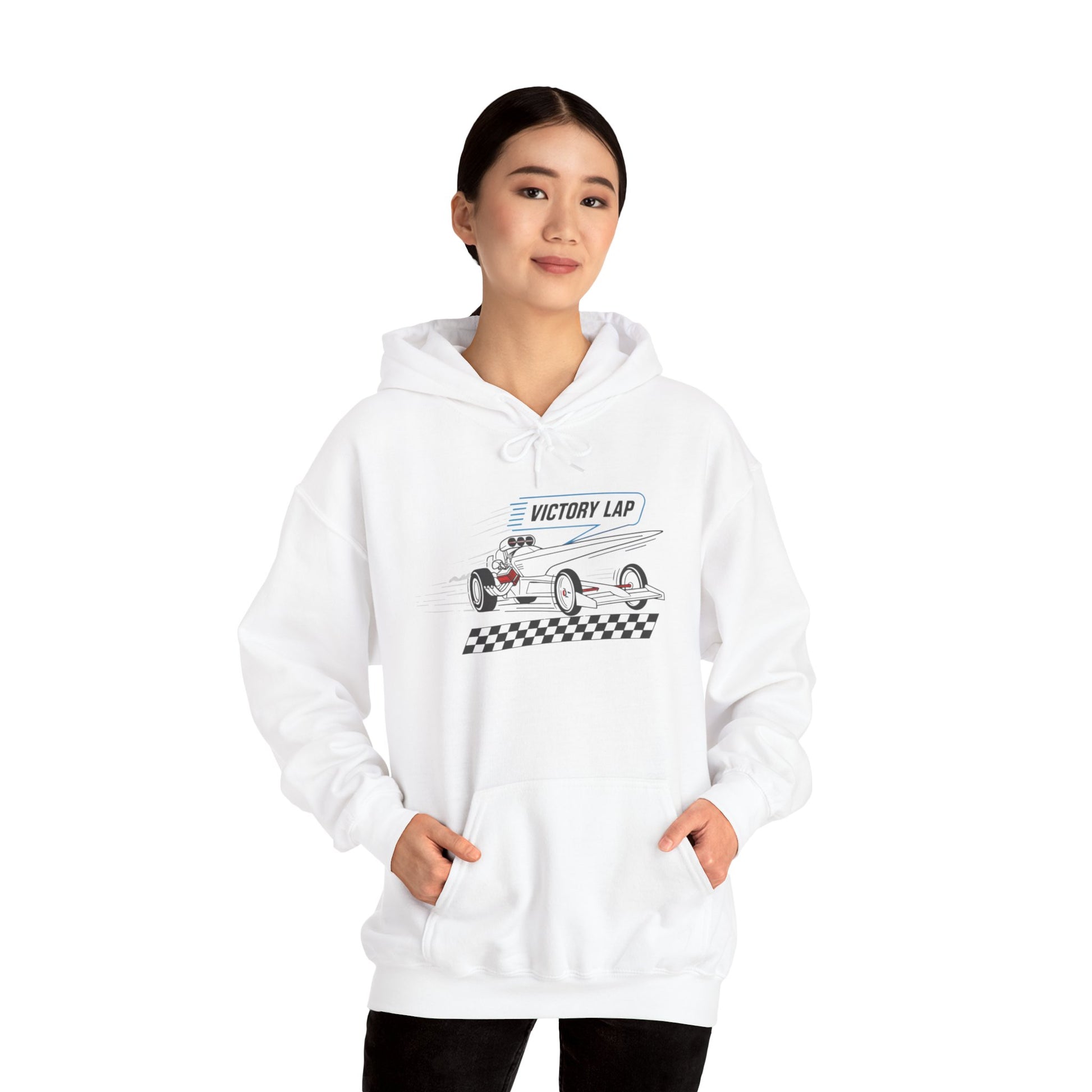 Person wearing a white hoodie with a race car design and text 'VICTORY LAP' on a white background