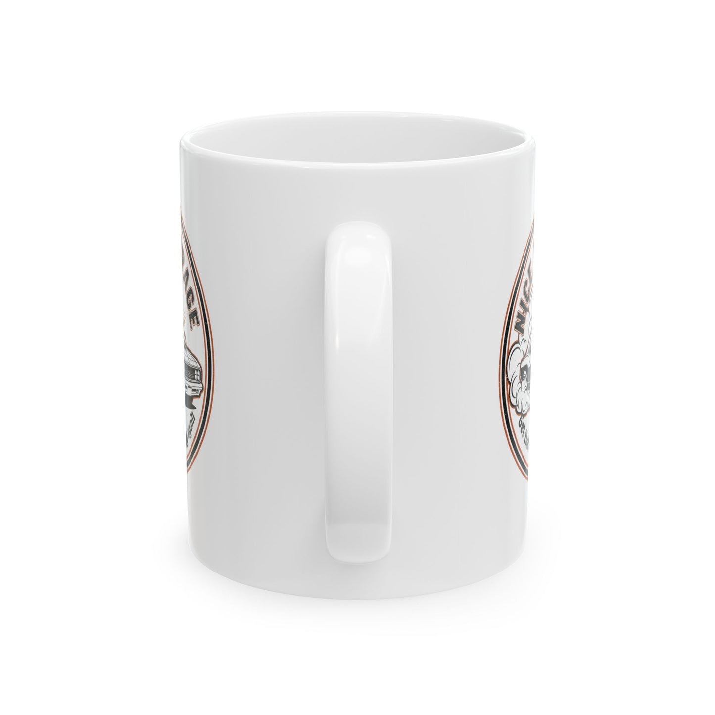 White mug with decorative elements on a white background