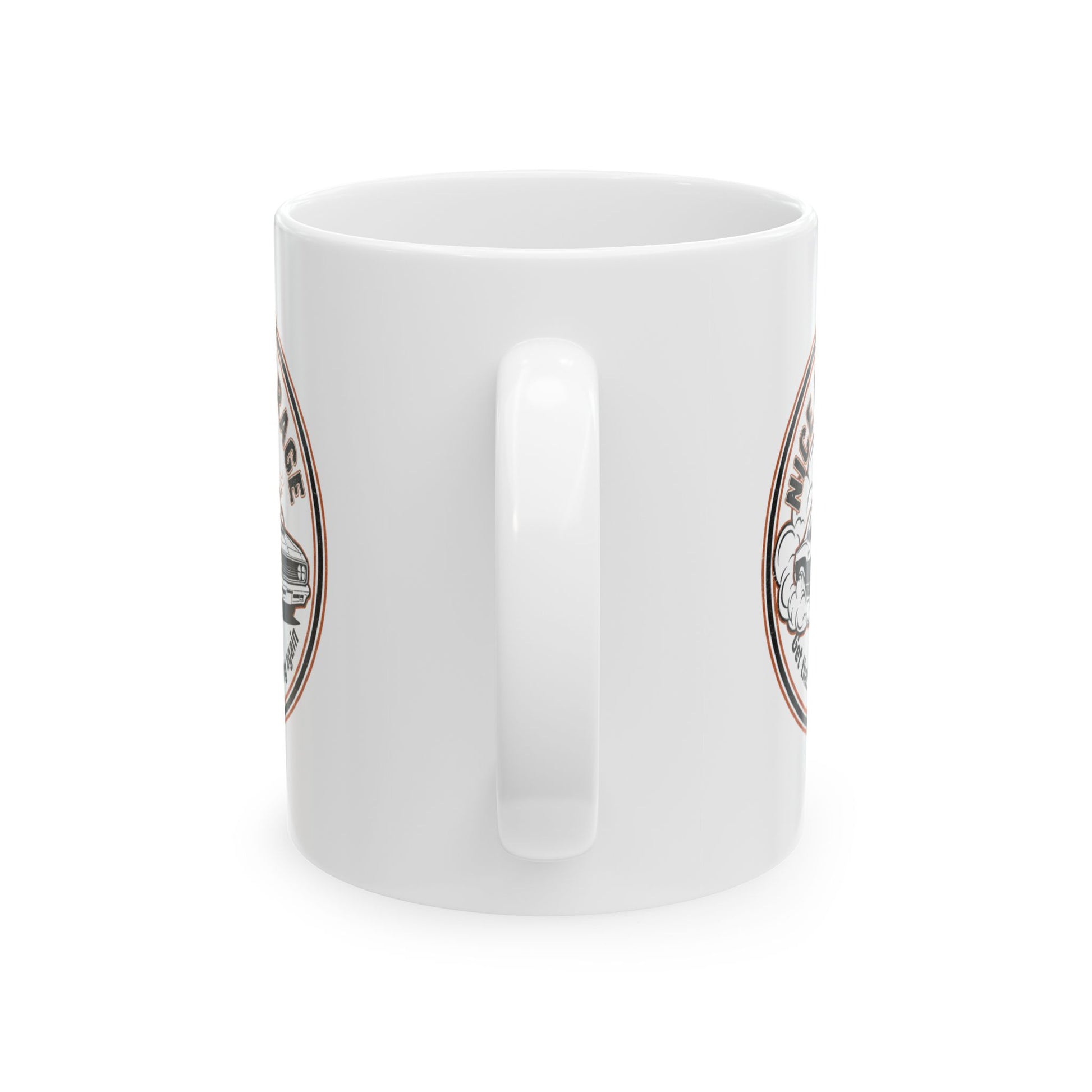 White mug with decorative elements on a white background