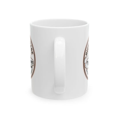 White mug with decorative elements on a white background