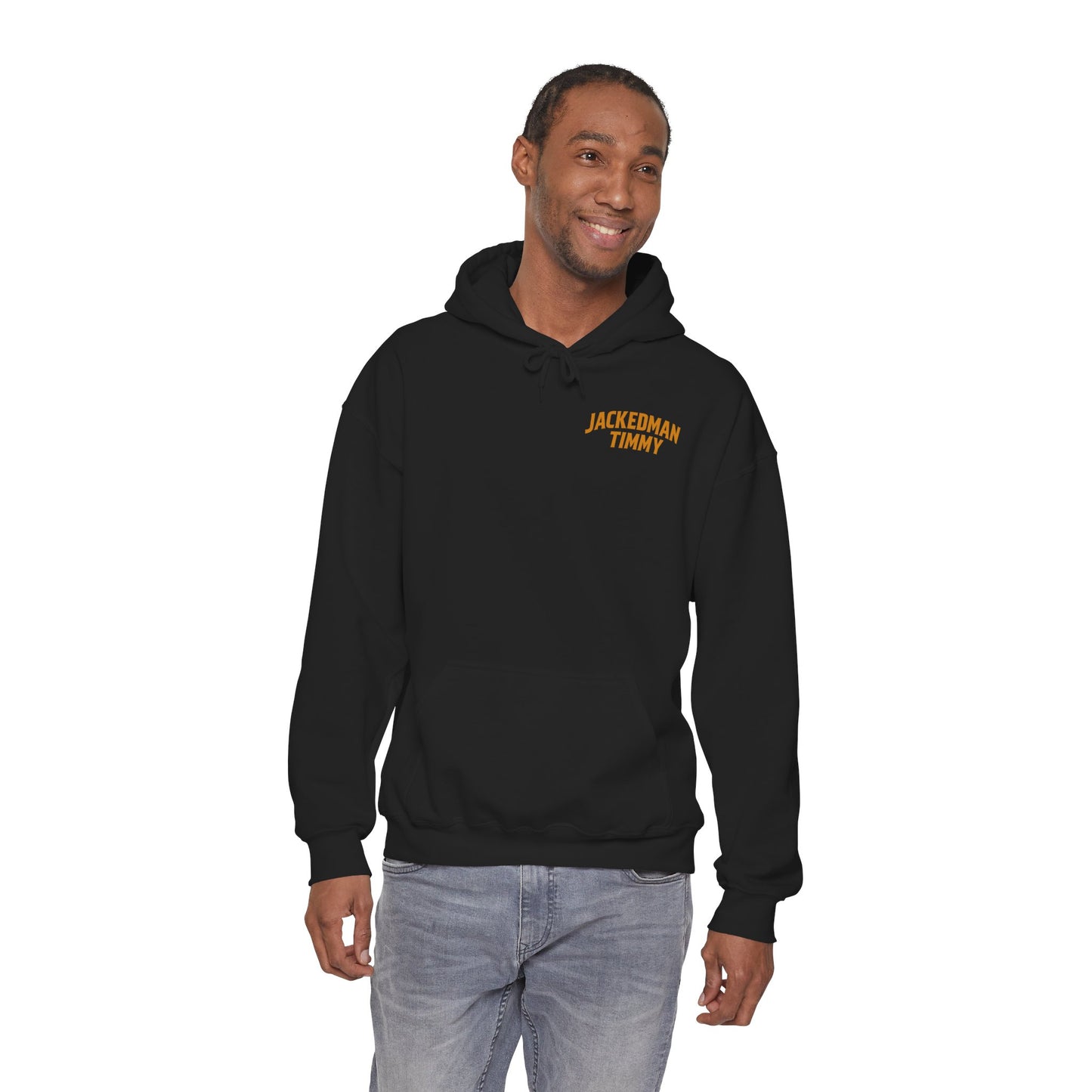 Man wearing a black hoodie with yellow 'JACKEDMAN TIMMY' text on a white background