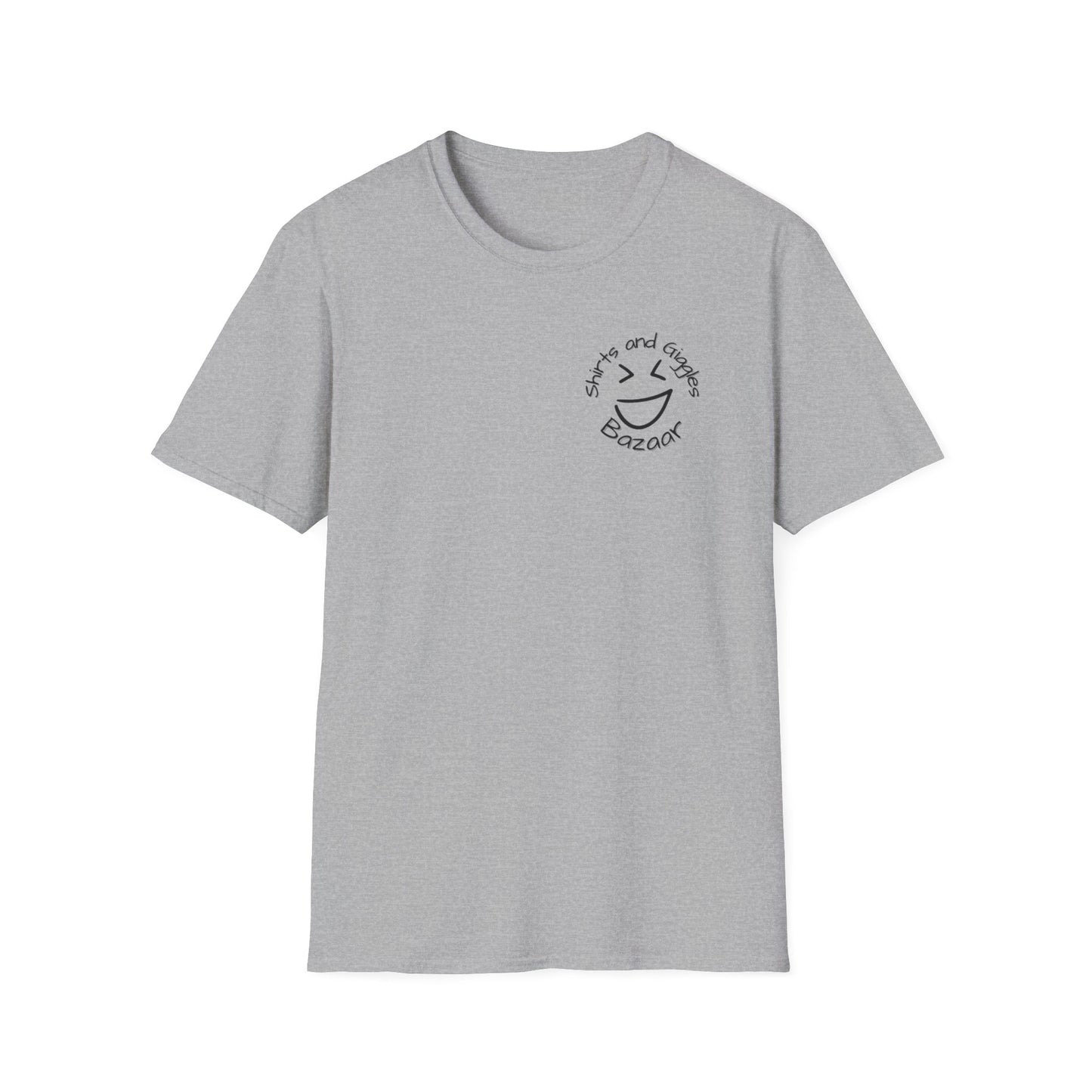 Gray t-shirt with a smiley face design and text 'Shirts and Giggles Bazaar' on a white background