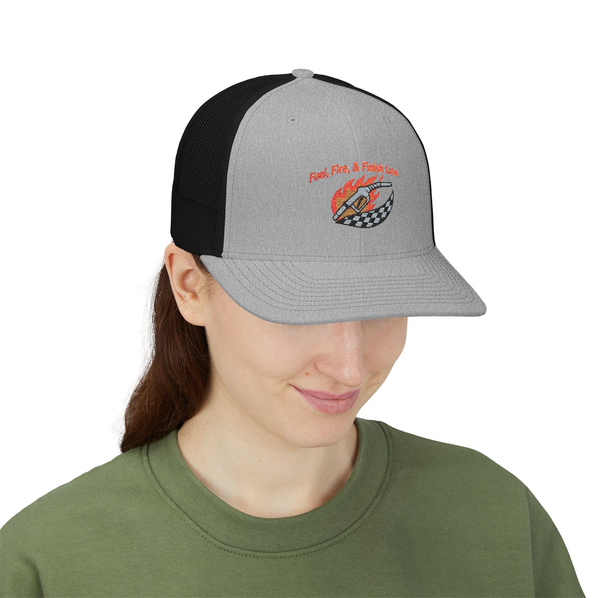 Person wearing a gray and black cap with a logo and text 'Fuel, Fire & Finish Line' on a white background