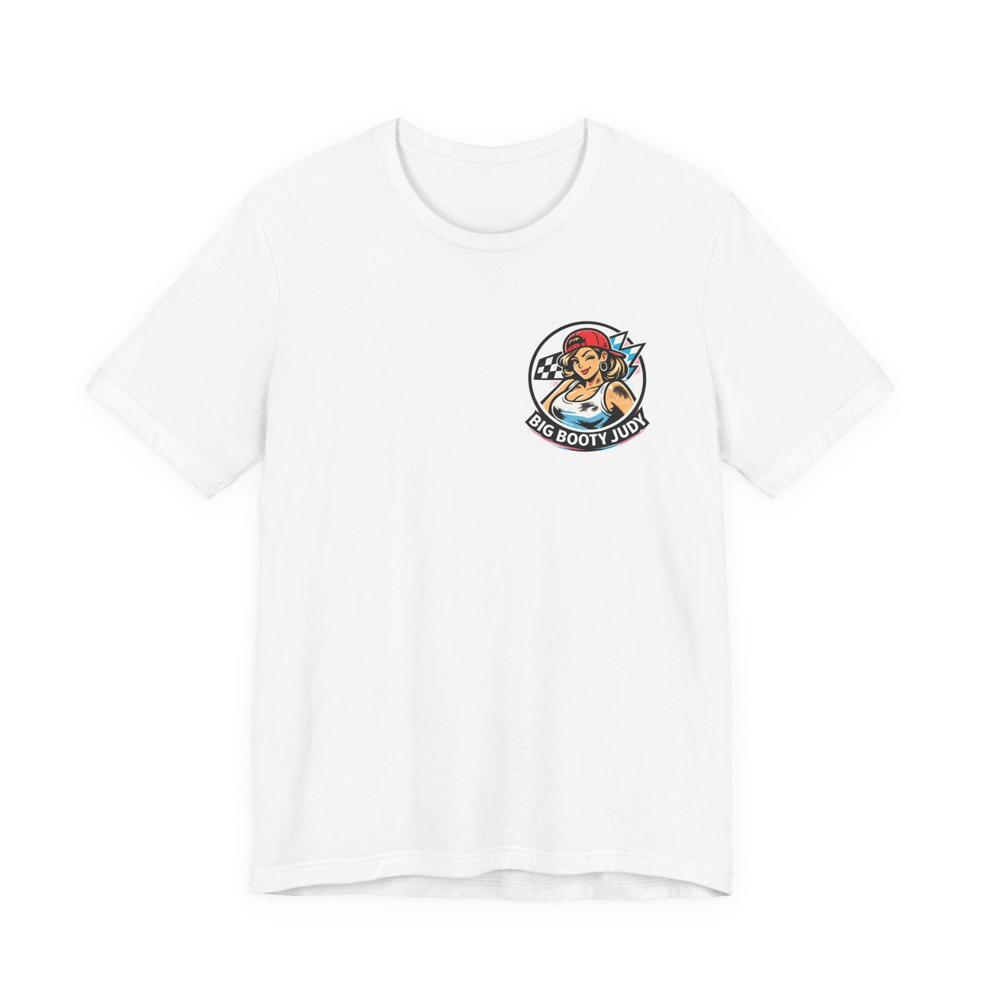 White t-shirt with a 'Big Booty Judy' logo graphic design on a white background