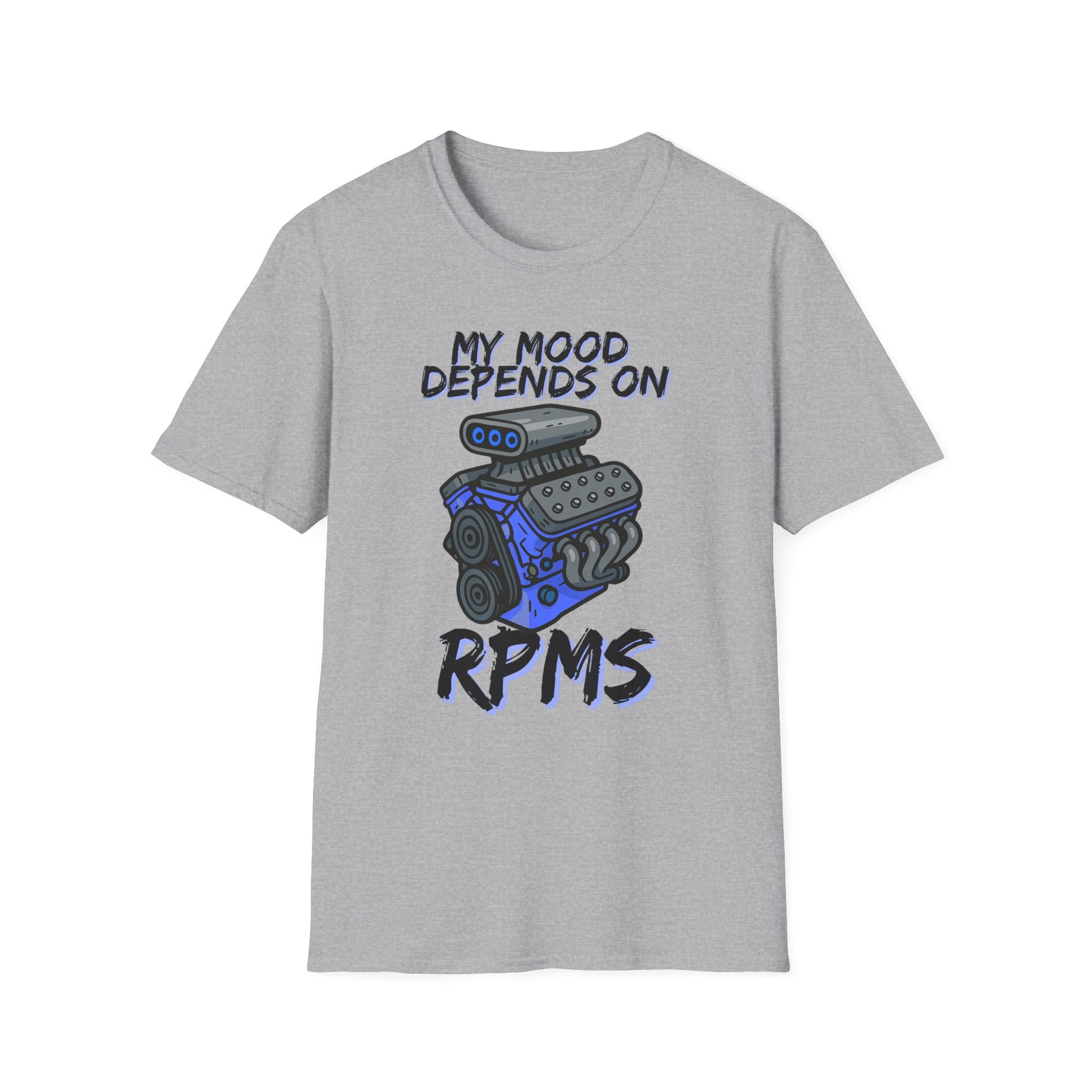 Gray t-shirt with a graphic and text 'My mood depends on RPMs' on a white background