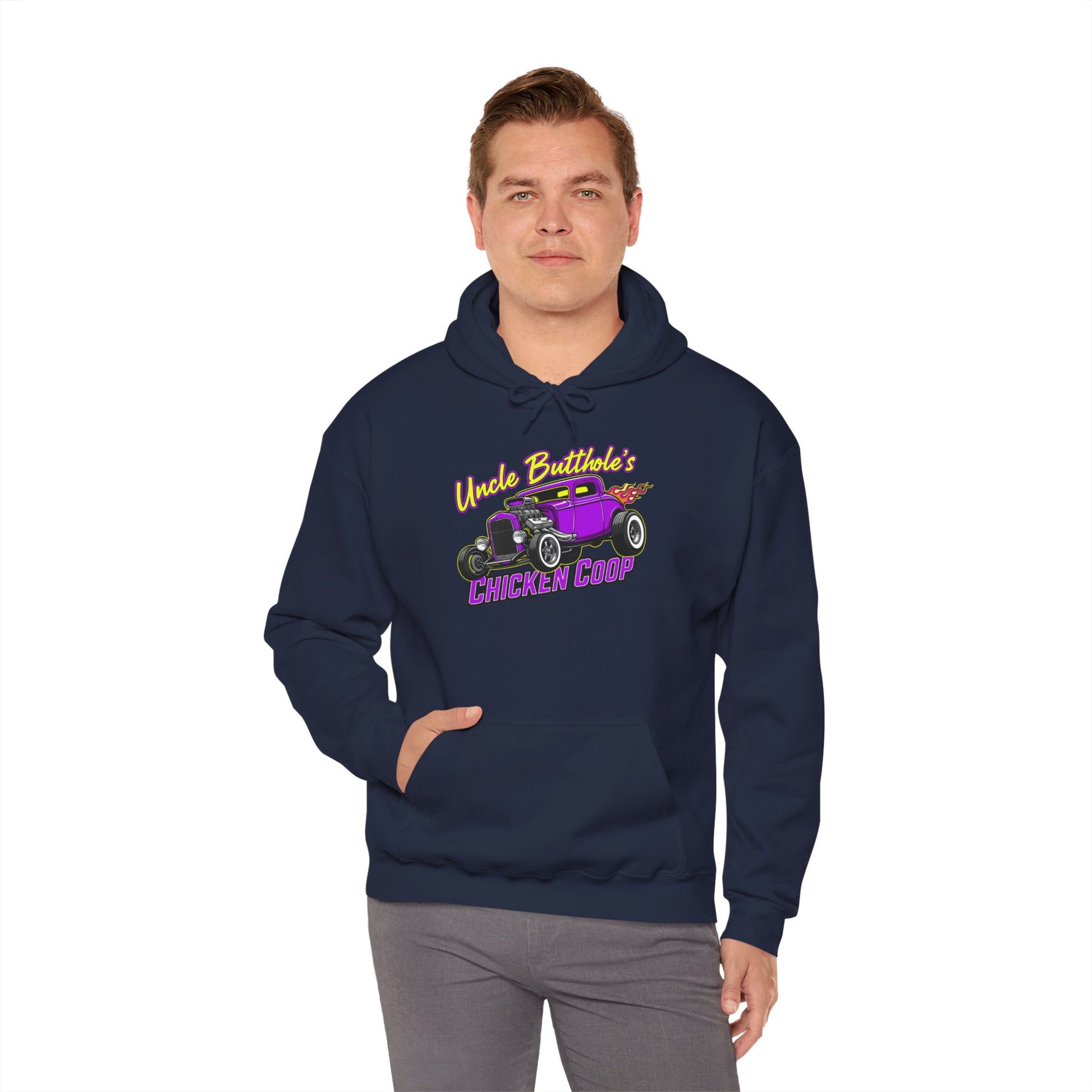Man wearing a navy hoodie with a graphic design and text 'Uncle Butthole's Chicken Coop' on a white background