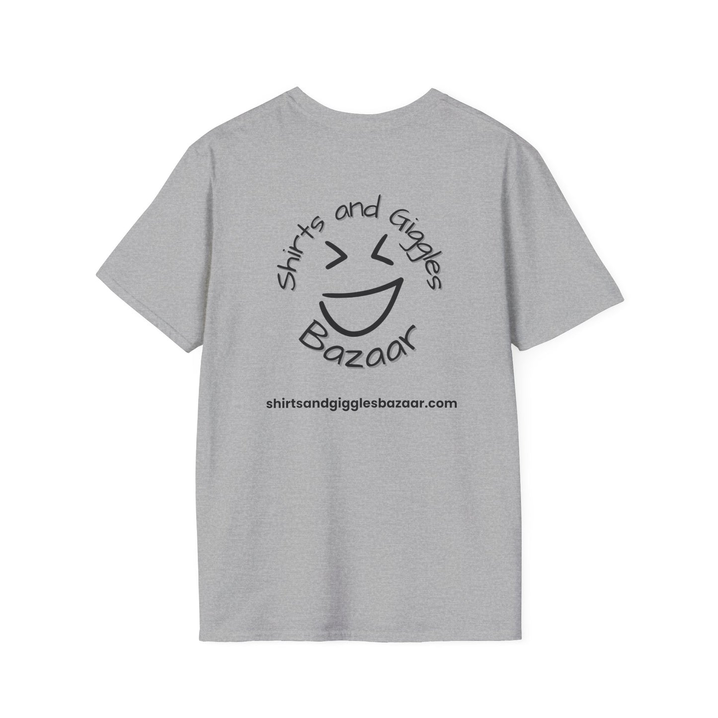 Gray t-shirt with black text 'Shirts and Giggles Bazaar' and smiley face design on a white background