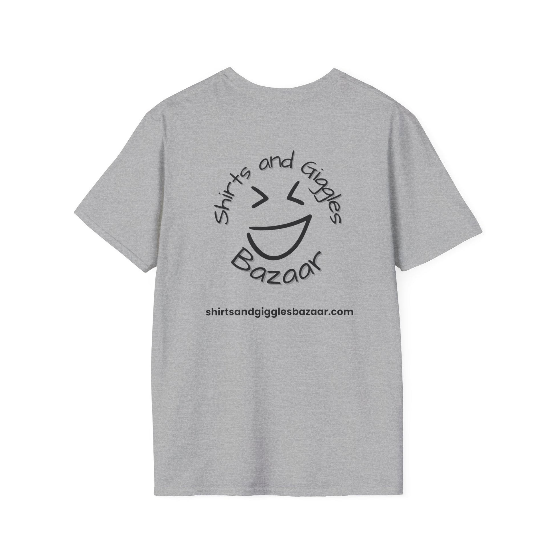 Gray t-shirt with black text 'Shirts and Giggles Bazaar' and smiley face design on a white background