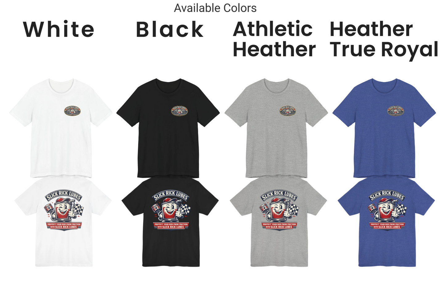 Collection of t-shirts in various colors with a graphic design on a white background.