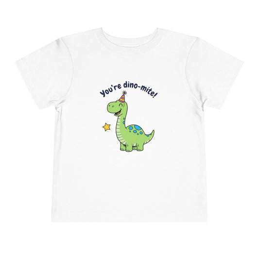 White t-shirt with a green dinosaur and text 'You're dino-mite!' on a white background